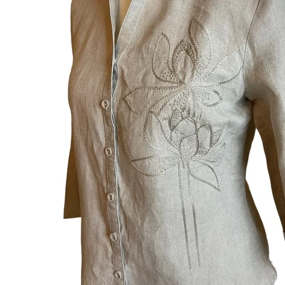 Tweeds Beige Taupe 100% Linen Embroidered Button Down Shirt - Size Medium - Picture 4 of 8